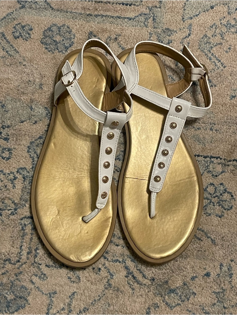 Jack Rogers White T-Strap Sandals with Gold Footbed